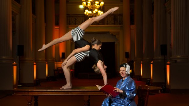 Sue Broadway (seated) with Vaudevillia performers Vanessa McGregor (beneath)
and Kiara Barbara at Queen's Hall at the State Library of Victoria.