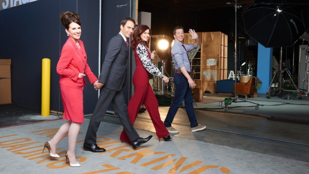 They're back: Megan Mullally, Eric McCormack, Debra Messing and Sean Hayes back on the NBC set. 