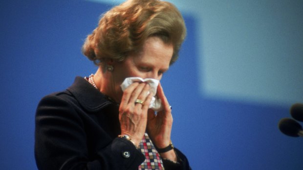 Margaret Thatcher at the Conservative Party Conference in Brighton on her 59th birthday, the day after the IRA bombed the Grand Hotel.