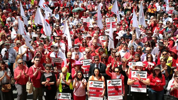 Public servants protest against low government pay offers at a rally in Canberra last year.