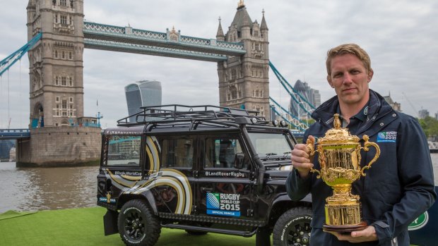 Lewis Moody pictured with the Webb Ellis trophy in London. 