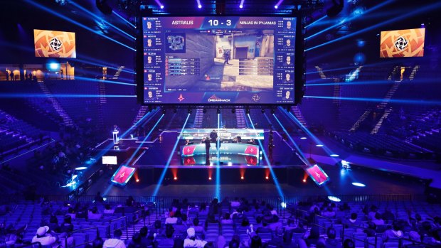 Teams compete against each other playing <I>Counter-Strike: Global Offensive</i> during the Dreamhack Masters esports tournament at the MGM Grand Garden Arena in Las Vegas.