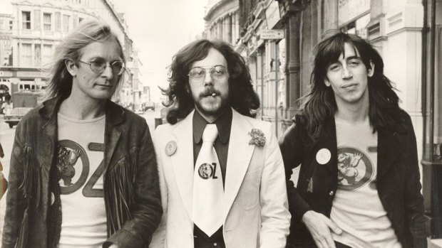 The three Oz editors facing trial in London in 1971. From left: James Anderson, Felix Dennis and Richard Neville. 