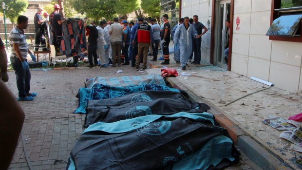Bodies lie on the ground after the attack on Monday.