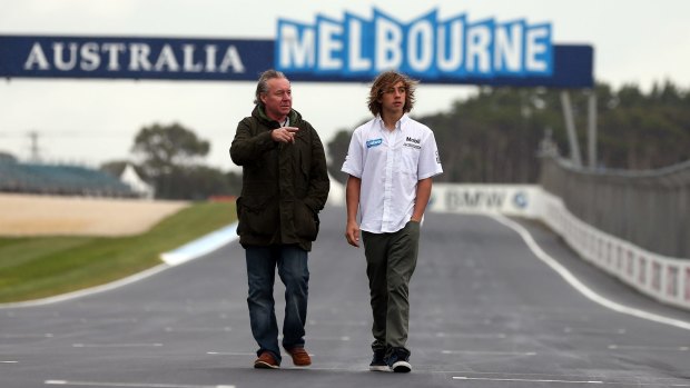 Wayne Gardner and his son, Remy, at the Phillip Island circuit on Thursday.