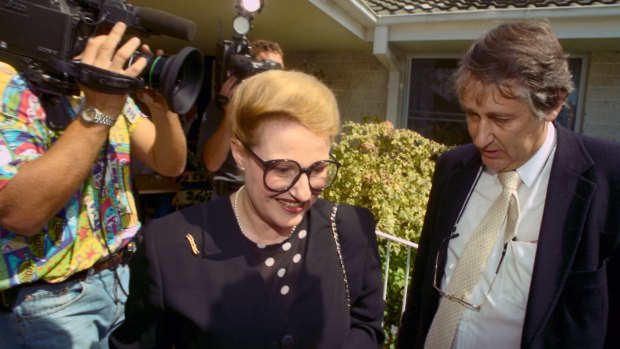 Bob Ellis crosses paths with Liberal Party rival Bronwyn Bishop during the 1994 Mackellar byelection.