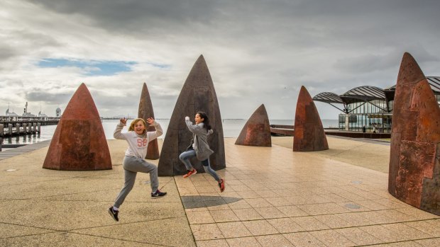 Mark Stoner's Sails sculptures float along Geelong's shoreline.