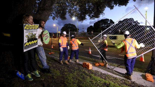 Protesters chained themselves to trees on Alison Road on Thursday night as workers erected fences.
