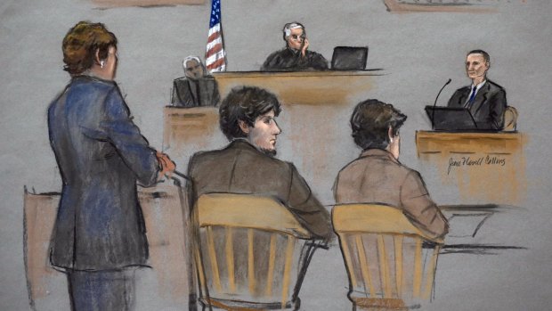 In this courtroom sketch, Bill Richard, right, testifies during the federal death penalty trial of Dzhokhar Tsarnaev, sitting with his defence team, second from left, in March.