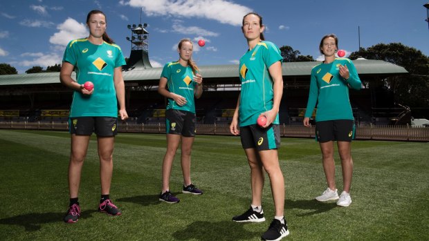 Doing the damage: Australian fast bowlers, Tahlia McGrath, Lauren Cheatle, Megan Schutt and Ellyse Perry are likely to cause England problems under lights at North Sydney Oval.