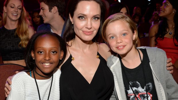 Angelina Jolie with two of her children, Zahara Marley Jolie-Pitt (L) and Shiloh Nouvel Jolie-Pitt.