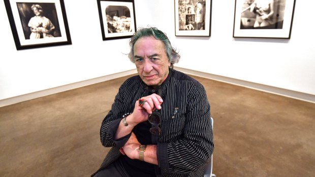 Joel-Peter Witkin at William Mora Galleries with some of his works in the exhibition.