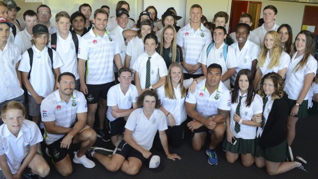 Jack Wighton, pictured with Canobolas Rural Technology High School students and fellow Raiders (from left) Zac Santo, Adam Clydsdale and Jeff Lima on Thursday.