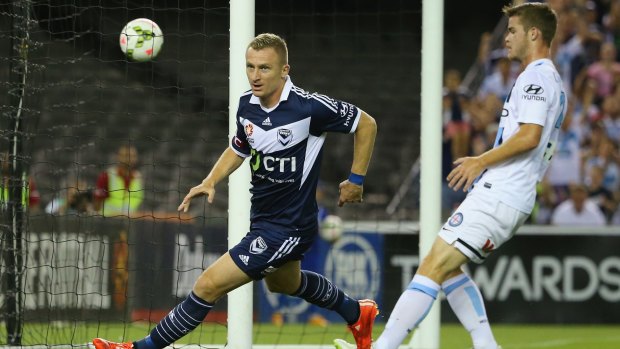 Besart Berisha of the Victory scores during a clash between the two Melbourne teams in February, 
