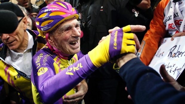 Another record: French cyclist Frenchman Robert Marchand celebrates setting a record for distance cycled in one hour ... in the 105 years-plus category. 