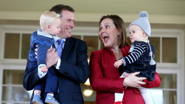 Social Services Minister Christian Porter with his son Lachlan and Financial Services Minister  Kelly O'Dwyer with her daughter Olivia at the ministerial swearing ceremony in July.