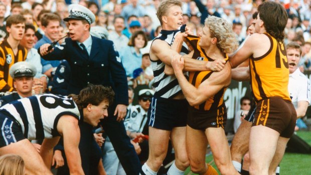 Geelong's Steve Hocking and Hawthorn's Dermott Brereton scuffle in the 1989 grand final.