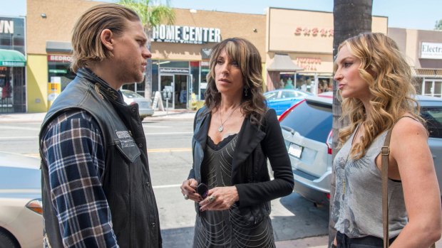 Hunnam, as Jax Teller, wth Katey Sagal and Drea de Matteo in <i>Sons of Anarchy</i>.