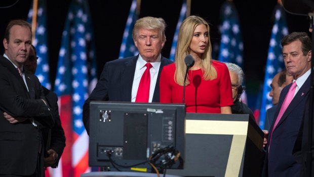 Ivanka and Donald Trump pictured with then-campaign manager Paul Manafort, right, and Manafort's chief deputy Rick Gates, left, in 2016.