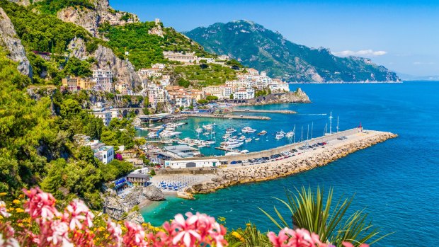 Scenic picture-postcard view of famous Amalfi Coast with beautiful Gulf of Salerno, Campania, Italy.