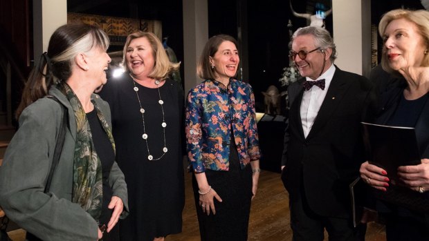 Australian Museum director Kim McKay (second from left) with Gabi Hollows, Premier Gladys Berejiklian, George Miller and Ita Buttrose at the opening of the 200 Treasures exhibit at the Australian Museum in Sydney. 