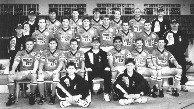 Formula One racing driver Mark Webber, pictured (bottom right) with the 1991 Canberra Raiders rugby league team.