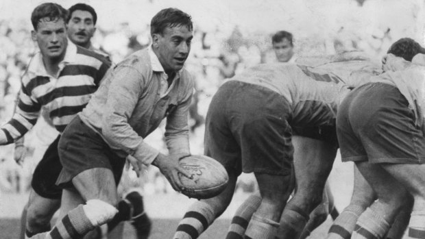 Old gold: Legendary Wallaby halfback Ken Catchpole picks up the football from the back of a scrum against South Africa, 1963. 