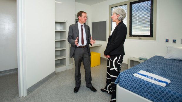 Official opening of Dhulwa secure Mental Health Minister Shane Rattenbury and executive director of mental health services, Katrina Bracher, in a room at the new secure mental health centre.