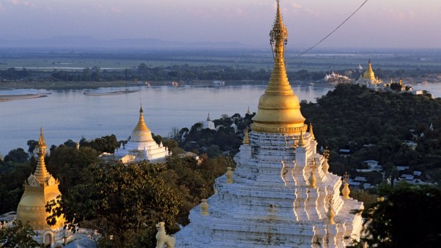 Myanmar (Burma), pagodas on Irrawaddy River banks.