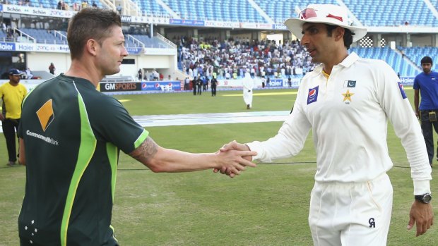 Australian captain Michael Clarke congratulates his Pakistan counterpart, Misbah-ul-Haq, after the game.