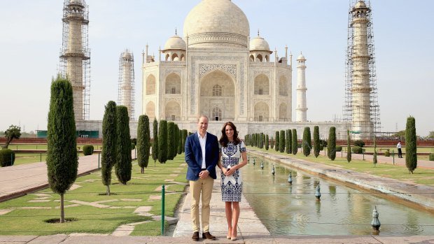 Prince William and Catherine, Duchess of Cambridge pose in front of the Taj Mahal. The last engagement of the Royal tour after a week long visit to India and Bhutan that has taken them to Mumbai, Delhi, Kaziranga and Agra. 