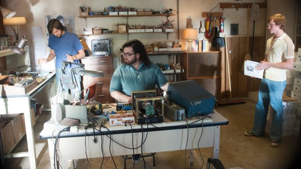 Garage brand: A scene from the biopic <i>Jobs</i> showing Steve Jobs and Steve Wozniak in the Jobs family garage.