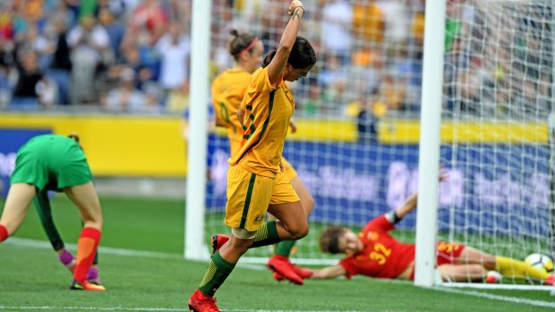 Sam Kerr celebrates putting the Matildas up 3-1 against China in the friendly match at Skilled Stadium in Geelong.