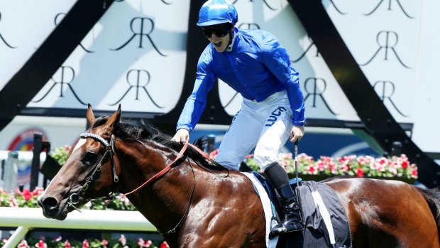 Stand and cheer: James McDonald crosses the line for Astern's debut win. 