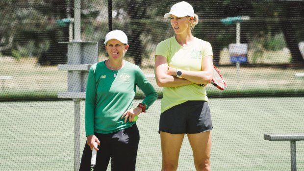 Australian Fed Cup coach Nicole Pratt and captain Alicia Molik at training in Canberra.