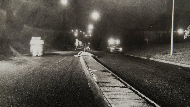 Crime scene photos, taken on the morning thatf Troy Forsyth, 17, was killed in a hit and run on March 1 1987.