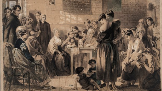 A watercolour version of an oil painting by Jerry Barrett, Mrs Fry reading to prisoners in Newgate in the year 1816 (1863).