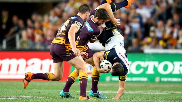 Cowboy Kane Linnett is spear tackled by Ben Hunt.