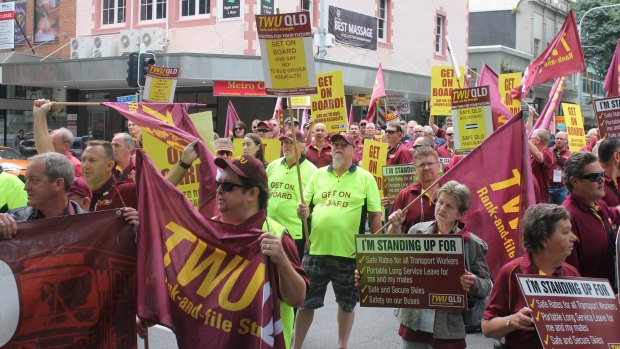 Transport Workers' Union bus drivers protest in the Brisbane CBD over safety concerns.