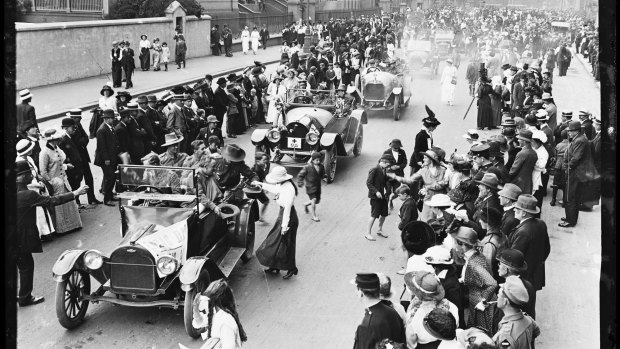 Returned soldiers during a procession in Sydney that's believed to be the first Anzac Day march in 1916.