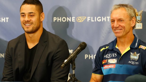 Jarryd Hayne and Titans coach Neil Henry  on the Gold Coast today.