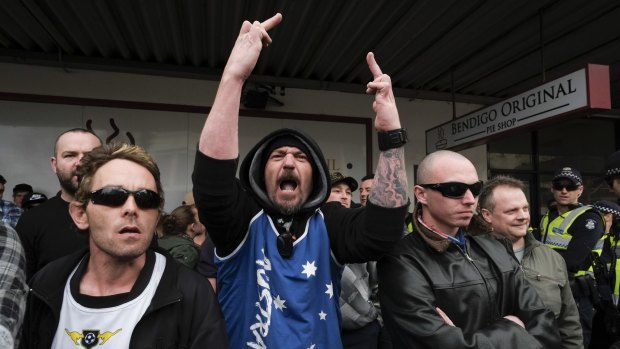 A United Patriots Front member at the Bendigo mosque protest in August. The hardline group, instrumental in organising Saturday's Bendigo rally, now says it does not support other protests on the day.