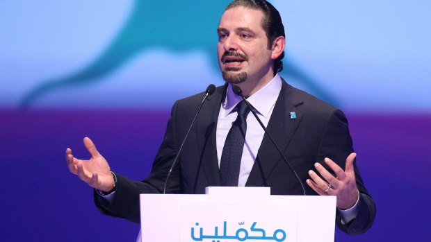 Former Lebanese prime minister Saad al-Hariri delivers a speech  marking the tenth anniversary of his father's assassination.