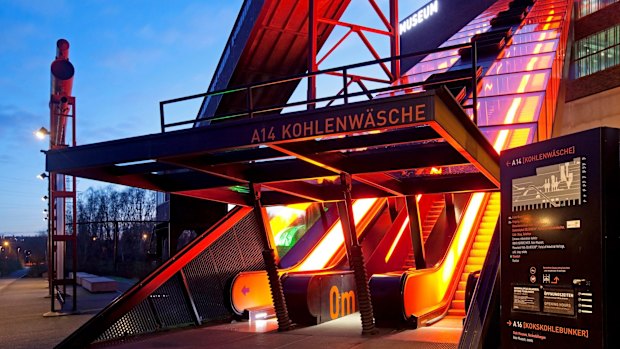 The illuminated gangway to Ruhr Museum, Zollverein.