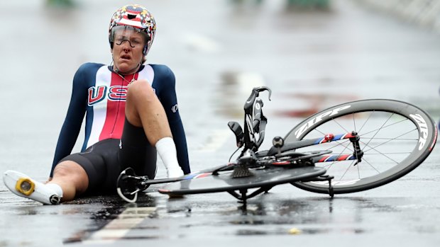 Exhausted: Kristin Armstrong after winning the Women's Individual Time Trial.