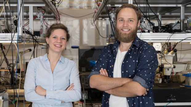 Dr Birgit Stiller and Moritz Merklein inside their lab in the Sydney Nanoscience Hub.
