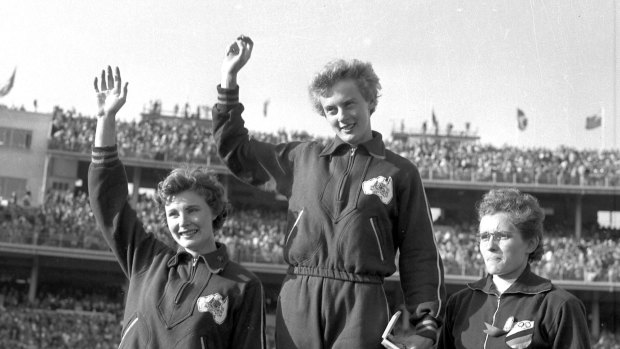 Marlene Mathews, left, Betty Cuthbert and Christa Stubnick on the podium at the 1956 Olympic Games in Melbourne.