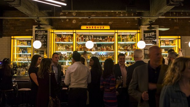 The custom backbar in New York cab yellow.