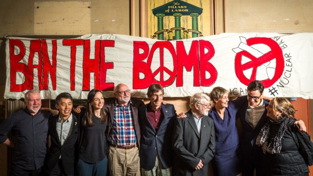 Some of the campaign's Australian team: Dave Sweeney, Marcus Yipp, Jessica Lawson, Professor Richard Tanter, Associate Professor Tillman Ruff, Profesor Fred Mendleson, Daisy Gardener, Tim Wright and Dimity Hawkins.