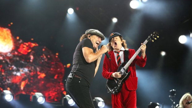 AC/DC's Brian Johnson and Angus Young on stage during the Rock or Bust tour.